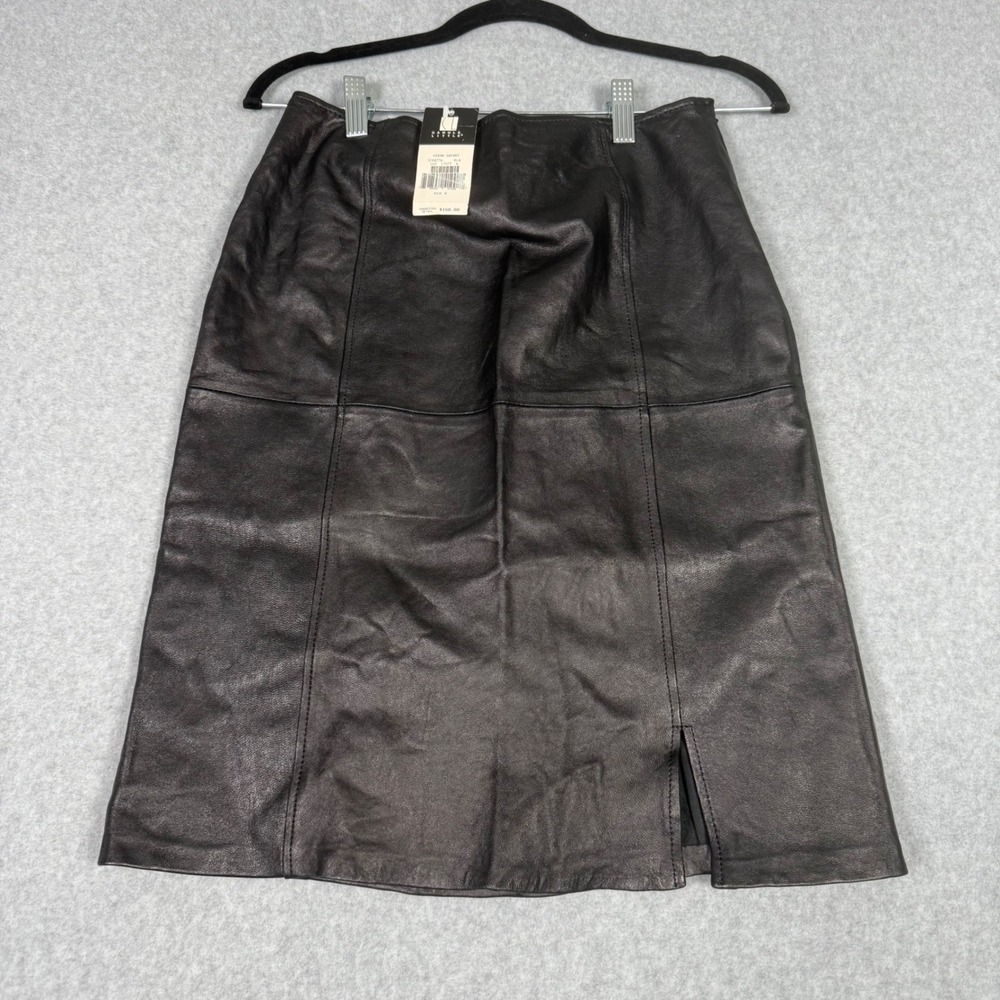 Vintage 90s Carole Little Urban Safari Black Leather Paneled Skirt 6 NWT Flaw